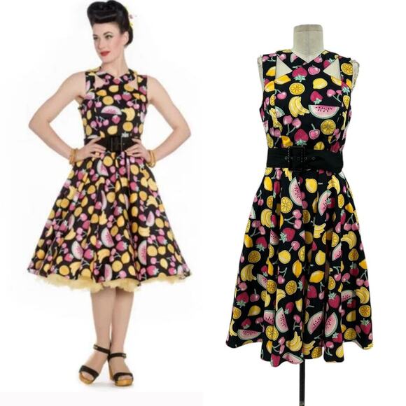 Hell Bunny Vixen Tutti Frutti 50's Fruit Swing Fit & Flare Belt Dress Size Small - Picture 1 of 16